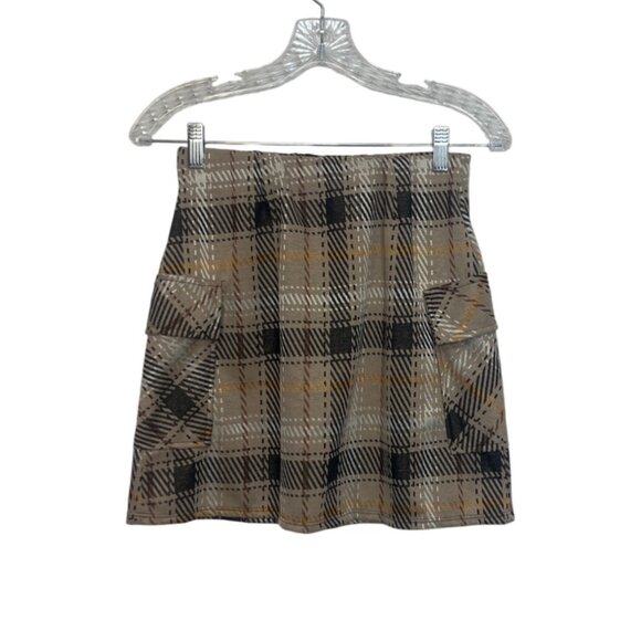 NY Invasion Plaid Mini Skirt Womens Small Brown New WOT Side Pockets - Picture 2 of 8